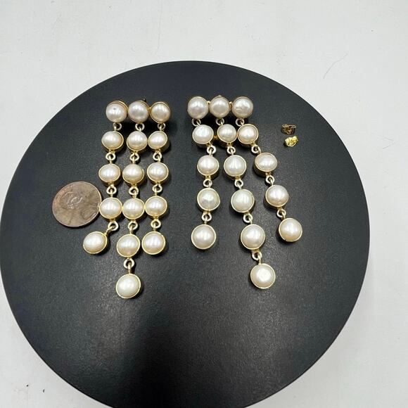 SHASHI Naya White Pearl Designer Dangle Three Triple Row Drop Earrings - Picture 5 of 14